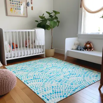 5' X 8' Aqua And Ivory Geometric Washable Area Rug With UV Protection