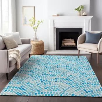 5' X 8' Aqua And Ivory Geometric Washable Area Rug With UV Protection