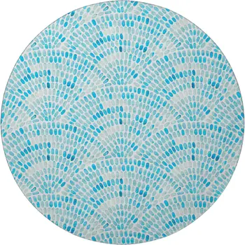 8' Aqua And Ivory Geometric Washable Round Rug With UV Protection