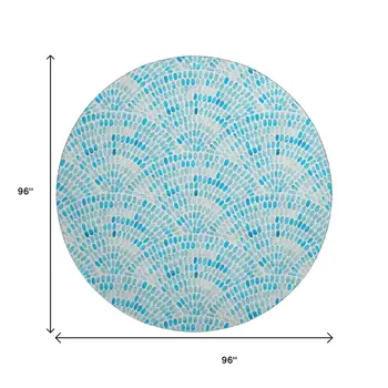 8' Aqua And Ivory Geometric Washable Round Rug With UV Protection