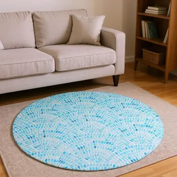 8' Aqua And Ivory Geometric Washable Round Rug With UV Protection