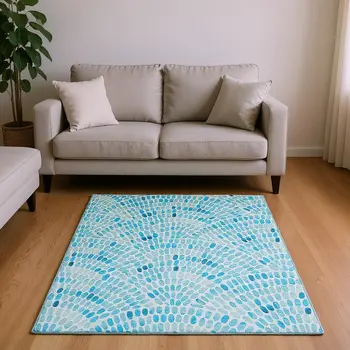 8' X 10' Aqua And Ivory Geometric Washable Area Rug With UV Protection