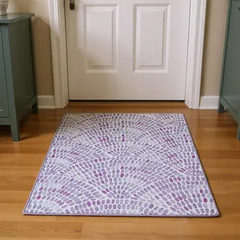 3' X 5' Purple And Ivory Geometric Washable Area Rug With UV Protection