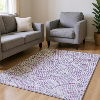 10' X 14' Purple And Ivory Geometric Washable Area Rug With UV Protection