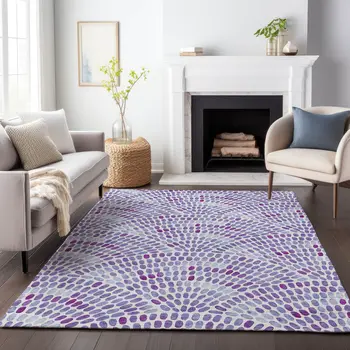 10' X 14' Purple And Ivory Geometric Washable Area Rug With UV Protection