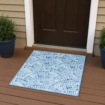 3' X 5' Blue And Ivory Geometric Washable Area Rug With UV Protection