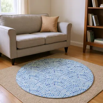 8' Blue And Ivory Geometric Washable Round Rug With UV Protection