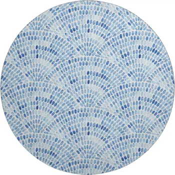 8' Blue And Ivory Geometric Washable Round Rug With UV Protection