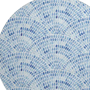8' Blue And Ivory Geometric Washable Round Rug With UV Protection
