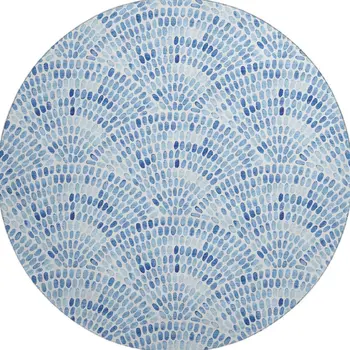 8' Blue And Ivory Geometric Washable Round Rug With UV Protection
