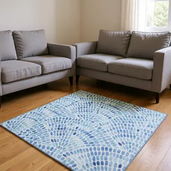 8' X 10' Blue And Ivory Geometric Washable Area Rug With UV Protection