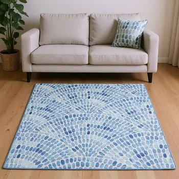 9' X 12' Blue And Ivory Geometric Washable Area Rug With UV Protection
