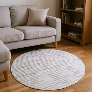 8' Gray And Charcoal Geometric Washable Round Rug With UV Protection