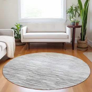 8' Gray And Charcoal Geometric Washable Round Rug With UV Protection