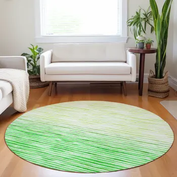 8' Green And Ivory Geometric Washable Round Rug With UV Protection