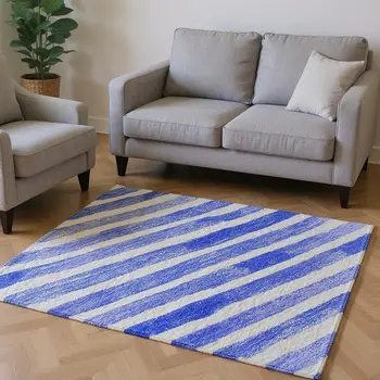 5' X 8' Blue And Ivory Geometric Washable Area Rug With UV Protection