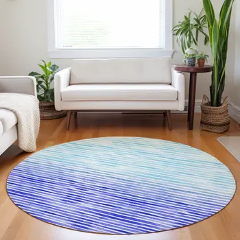 8' Blue And Ivory Geometric Washable Round Rug With UV Protection
