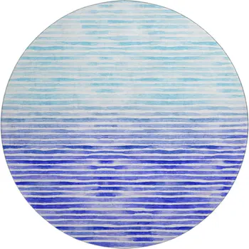 8' Blue And Ivory Geometric Washable Round Rug With UV Protection