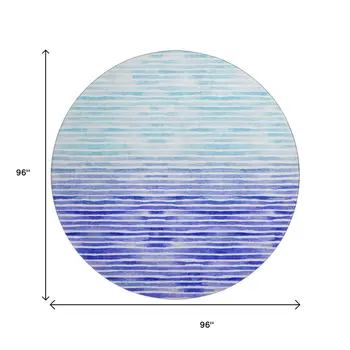 8' Blue And Ivory Geometric Washable Round Rug With UV Protection