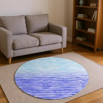8' Blue And Ivory Geometric Washable Round Rug With UV Protection