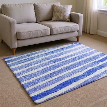 8' X 10' Blue And Ivory Geometric Washable Area Rug With UV Protection