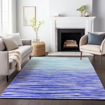 10' X 14' Blue And Ivory Geometric Washable Area Rug With UV Protection