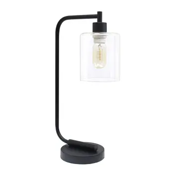 19" Black Iron Lantern Table Lamp With Clear Cylinder Shade