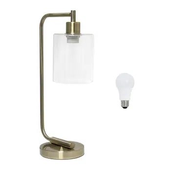 19" Antiqued Brass Metal Lantern Table Lamp LED With Clear Cylinder Shade