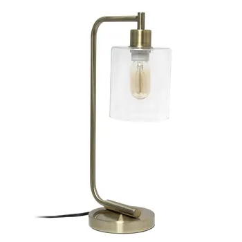 19" Antiqued Brass Metal Lantern Table Lamp With Clear Cylinder Shade