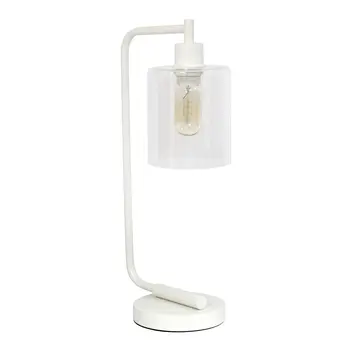 19" White Metal Lantern Table Lamp With Clear Cylinder Shade