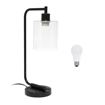 19" Black Iron Lantern USB Table Lamp LED With Clear Cylinder Shade