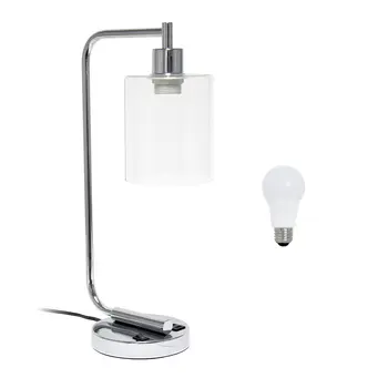 19" Silver Iron Lantern USB Table Lamp LED With Clear Cylinder Shade
