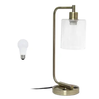 19" Antiqued Brass Metal Lantern USB Table Lamp LED With Clear Cylinder Shade