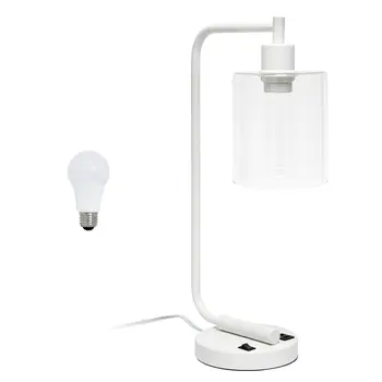 19" White Iron Lantern USB Table Lamp LED With Clear Cylinder Shade