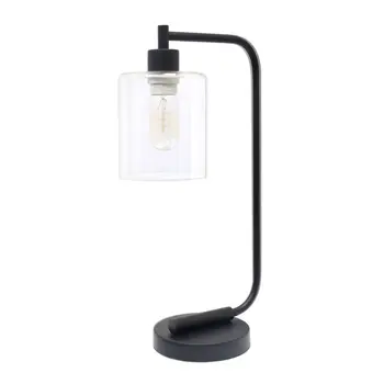 19" Black Metal Lantern Table Lamp With Clear Cylinder Shade
