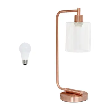 19" Rose Gold Metal Lantern Table Lamp LED With Clear Cylinder Shade