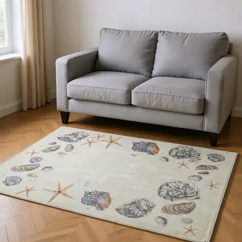 5' X 8' Linen Ivory And Beige Geometric Washable Area Rug With UV Protection