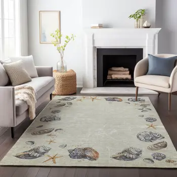 5' X 8' Linen Ivory And Beige Geometric Washable Area Rug With UV Protection