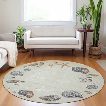 8' Linen Ivory And Beige Geometric Washable Round Rug With UV Protection