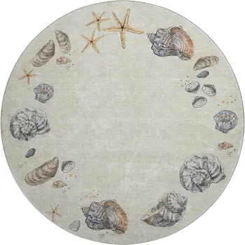 8' Linen Ivory And Beige Geometric Washable Round Rug With UV Protection