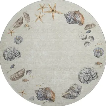8' Linen Ivory And Beige Geometric Washable Round Rug With UV Protection