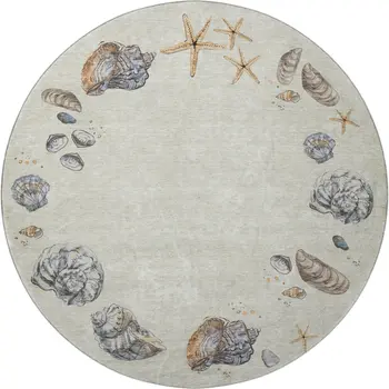 8' Linen Ivory And Beige Geometric Washable Round Rug With UV Protection