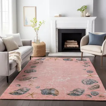5' X 8' Peach Gray And Ivory Geometric Washable Area Rug With UV Protection