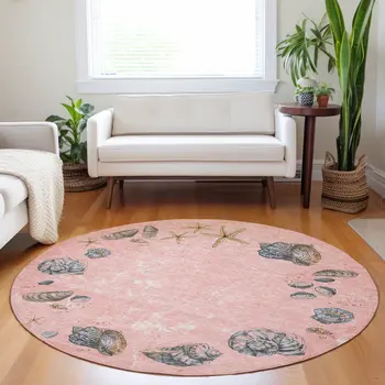 8' Peach Gray And Ivory Geometric Washable Round Rug With UV Protection