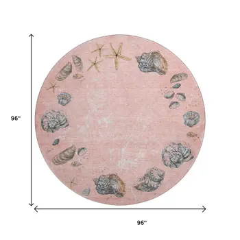 8' Peach Gray And Ivory Geometric Washable Round Rug With UV Protection