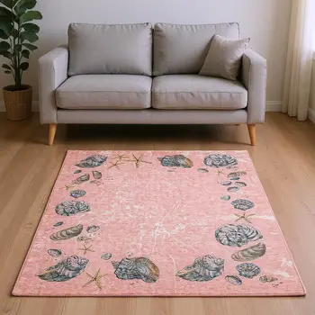 8' X 10' Peach Gray And Ivory Geometric Washable Area Rug With UV Protection