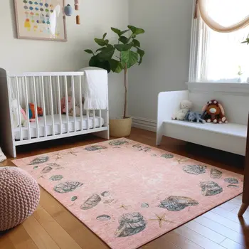 8' X 10' Peach Gray And Ivory Geometric Washable Area Rug With UV Protection