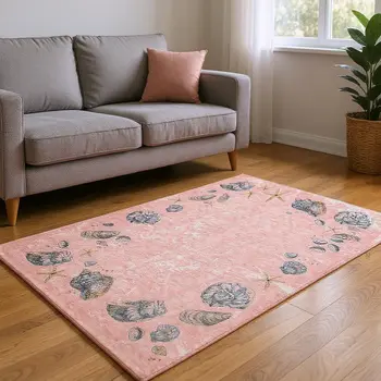 9' X 12' Peach Gray And Ivory Geometric Washable Area Rug With UV Protection