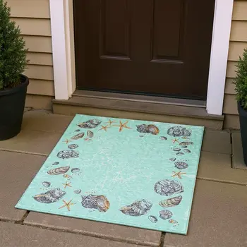 3' X 5' Green Light Blue And Beige Geometric Washable Area Rug With UV Protection