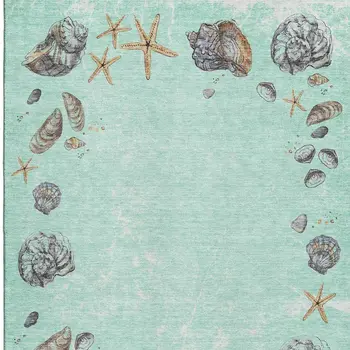3' X 5' Green Light Blue And Beige Geometric Washable Area Rug With UV Protection
